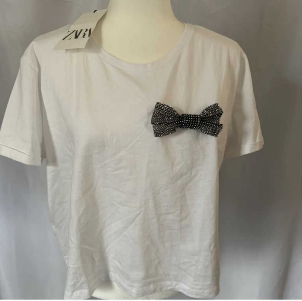 NWT Zara White T Shirt With Bow Sz XL